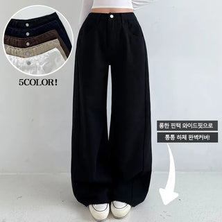 High-waisted Hidden Elastic Waist Cut-out Long Wide Pants Spring All Seasons Pintuck Petite Balloon Fit Lower Body Cover Pocket Transitional Pants