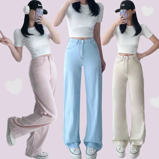 High-Waisted Pastel Cool Elastic Waist Stretch Jeans Wide Pants