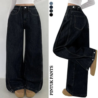 Washed Side Pintuck Snap Wide Denim Pants Wide & Balloon Fit Lower Body Cover Hem Snap Spring Hidden Elastic Waist Long Wide Jeans Transitional Pants
