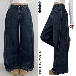 Washed Side Pintuck Snap Wide Denim Pants Wide & Balloon Fit Lower Body Cover Hem Snap Spring Hidden Elastic Waist Long Wide Jeans Transitional Pants
