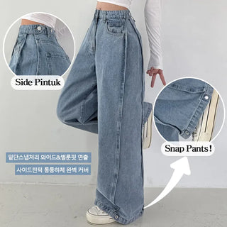 Washed Side Pintuck Snap Wide Denim Pants Wide & Balloon Fit Lower Body Cover Hem Snap Spring Hidden Elastic Waist Long Wide Jeans Transitional Pants