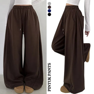 High-Waisted Side Pintuck Long Wide Pants New Spring Training Bottoms Elastic Waist Wide Pants Transitional Body Shaping Pants