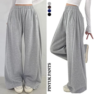 High-Waisted Side Pintuck Long Wide Pants New Spring Training Bottoms Elastic Waist Wide Pants Transitional Body Shaping Pants