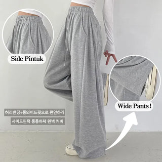 High-Waisted Side Pintuck Long Wide Pants New Spring Training Bottoms Elastic Waist Wide Pants Transitional Body Shaping Pants