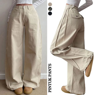 Lower Body Covering High-Waisted Pintuck Snap Wide-Leg Pants Waist & Hem Snap Cotton Pants Transitional Long Wide Balloon Fit Pants