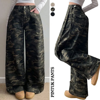 Lower Body Covering High-Waisted Pintuck Snap Wide-Leg Pants Waist & Hem Snap Cotton Pants Transitional Long Wide Balloon Fit Pants