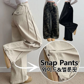 Lower Body Covering High-Waisted Pintuck Snap Wide-Leg Pants Waist & Hem Snap Cotton Pants Transitional Long Wide Balloon Fit Pants