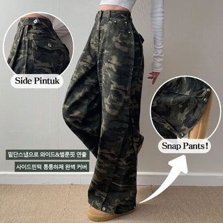Lower Body Covering High-Waisted Pintuck Snap Wide-Leg Pants Waist & Hem Snap Cotton Pants Transitional Long Wide Balloon Fit Pants