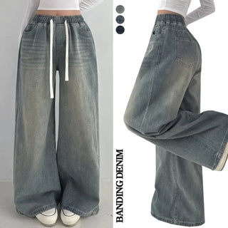 Lower Body Cover Elastic Washed Long Wide Denim Pants High-Waisted Loose Fit Spring Cotton Pants Transitional Balloon Fit Shapewear Jeans
