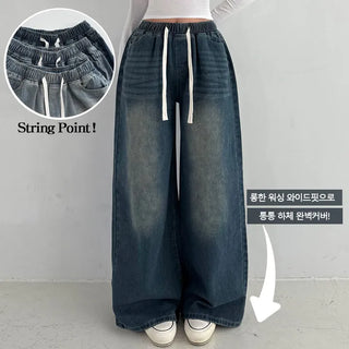 Lower Body Cover Elastic Washed Long Wide Denim Pants High-Waisted Loose Fit Spring Cotton Pants Transitional Balloon Fit Shapewear Jeans