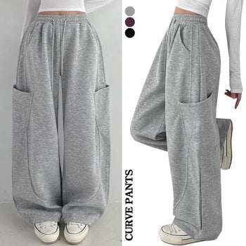 High-Waist Elastic Drawstring Balloon Fit Long Wide Pants Spring Loose Fit Side Pocket Cut Lower Body Correction Y2K Cargo Training Pants