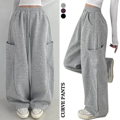 High-Waist Elastic Drawstring Balloon Fit Long Wide Pants Spring Loose Fit Side Pocket Cut Lower Body Correction Y2K Cargo Training Pants