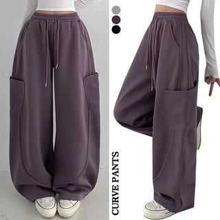 High-Waist Elastic Drawstring Balloon Fit Long Wide Pants Spring Loose Fit Side Pocket Cut Lower Body Correction Y2K Cargo Training Pants