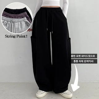 High-Waist Elastic Drawstring Balloon Fit Long Wide Pants Spring Loose Fit Side Pocket Cut Lower Body Correction Y2K Cargo Training Pants
