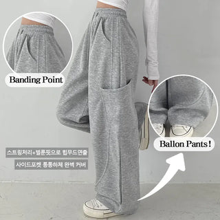High-Waist Elastic Drawstring Balloon Fit Long Wide Pants Spring Loose Fit Side Pocket Cut Lower Body Correction Y2K Cargo Training Pants