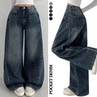 High-Waisted Washed Stitch Pocket Wide Denim Pants Spring Lower Body Cover Vintage Y2K Pants All Seasons Transitional Hip Short Long Jeans