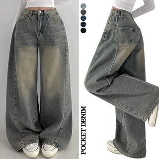 High-Waisted Washed Stitch Pocket Wide Denim Pants Spring Lower Body Cover Vintage Y2K Pants All Seasons Transitional Hip Short Long Jeans