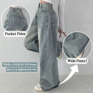 High-Waisted Washed Stitch Pocket Wide Denim Pants Spring Lower Body Cover Vintage Y2K Pants All Seasons Transitional Hip Short Long Jeans