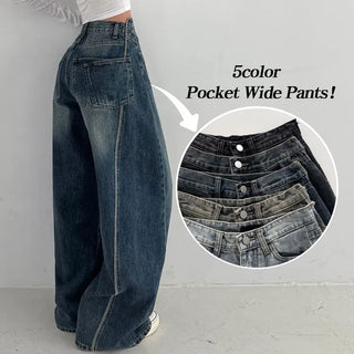 High-Waisted Washed Stitch Pocket Wide Denim Pants Spring Lower Body Cover Vintage Y2K Pants All Seasons Transitional Hip Short Long Jeans