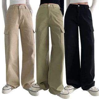 High-Waisted Hidden Elastic Waist Long Wide Cargo Pants Spring Y2K Cargo Pocket Wide Pants Lower Body Cover Loose Fit Cotton Pants