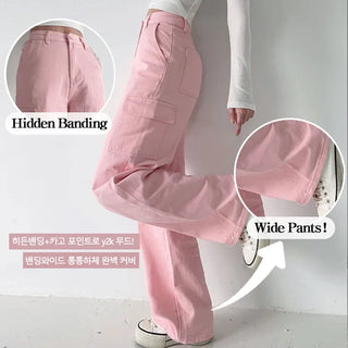 High-Waisted Hidden Elastic Waist Long Wide Cargo Pants Spring Y2K Cargo Pocket Wide Pants Lower Body Cover Loose Fit Cotton Pants