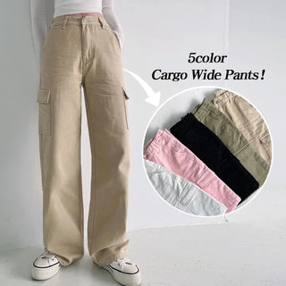 High-Waisted Hidden Elastic Waist Long Wide Cargo Pants Spring Y2K Cargo Pocket Wide Pants Lower Body Cover Loose Fit Cotton Pants