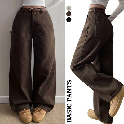 High-Waist Elastic Wide Pants Spring Cut-out Lower Body Cover All Seasons Loose Fit Cotton Basic Pants