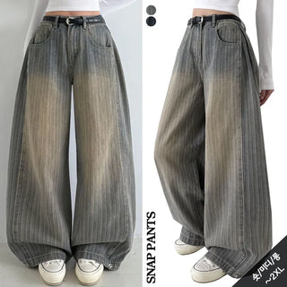 Short Midi Long High-Waisted Striped Hidden Elastic Waist Denim Pants Wide Balloon Fit Spring Loose Fit Lower Body Cover Vintage Washed Jeans