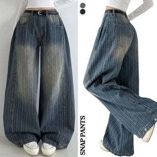 Short Midi Long High-Waisted Striped Hidden Elastic Waist Denim Pants Wide Balloon Fit Spring Loose Fit Lower Body Cover Vintage Washed Jeans