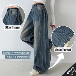 Short Midi Long High-Waisted Striped Hidden Elastic Waist Denim Pants Wide Balloon Fit Spring Loose Fit Lower Body Cover Vintage Washed Jeans