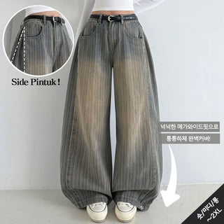 Short Midi Long High-Waisted Striped Hidden Elastic Waist Denim Pants Wide Balloon Fit Spring Loose Fit Lower Body Cover Vintage Washed Jeans