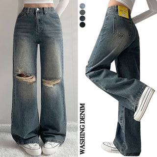 High-Waisted Long Wide Denim Pants Spring Ripped Vintage Cotton Pants Y2K Hidden Elastic Waist Washed Wide Pants Petite Jeans
