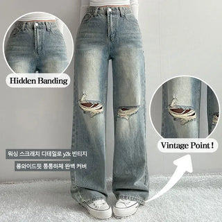 High-Waisted Long Wide Denim Pants Spring Ripped Vintage Cotton Pants Y2K Hidden Elastic Waist Washed Wide Pants Petite Jeans