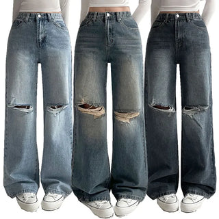 High-Waisted Long Wide Denim Pants Spring Ripped Vintage Cotton Pants Y2K Hidden Elastic Waist Washed Wide Pants Petite Jeans