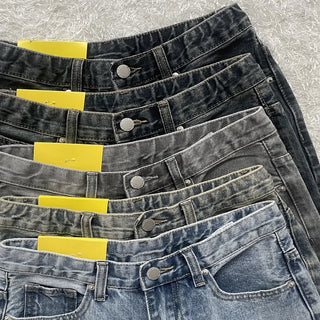 High-Waisted Long Wide Denim Pants Spring Ripped Vintage Cotton Pants Y2K Hidden Elastic Waist Washed Wide Pants Petite Jeans