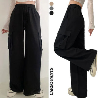 Spring & Summer  High-Waisted Elastic String Cargo Wide Pants Wide Balloon Fit Two-way Elastic Waist Pants