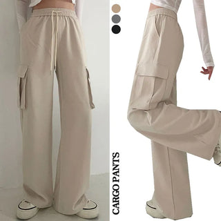 Spring & Summer  High-Waisted Elastic String Cargo Wide Pants Wide Balloon Fit Two-way Elastic Waist Pants