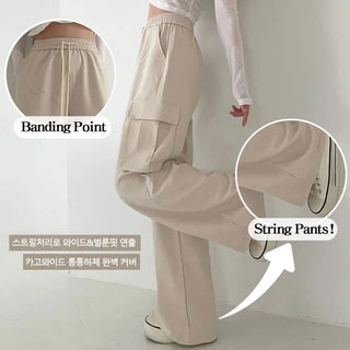 Spring & Summer  High-Waisted Elastic String Cargo Wide Pants Wide Balloon Fit Two-way Elastic Waist Pants