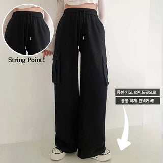 Spring & Summer  High-Waisted Elastic String Cargo Wide Pants Wide Balloon Fit Two-way Elastic Waist Pants