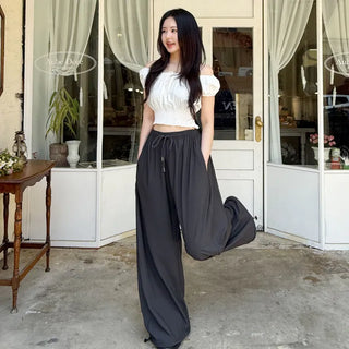 Body Cover High-waisted New Summer Cool Balloon Fit Wide Pants Side Slit Elastic String Flowy Long Two-way Pants