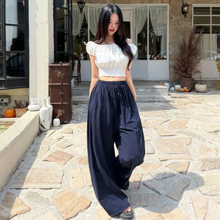 Body Cover High-waisted New Summer Cool Balloon Fit Wide Pants Side Slit Elastic String Flowy Long Two-way Pants