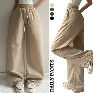 High-waisted Long Wide Pants Balloon Fit Drawstring Crisp Cool Ice Elastic Waist Pants