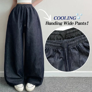 Summer Pants Two-way Elastic Waist, Drawstring Hem, Color Transfer-Free Raw Denim Wide Jogger Pants, Balloon Fit, Pants