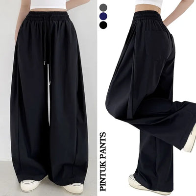 High-Waist Elastic Side Pintuck String Wide Pants Lower Body Cover Balloon Fit Cool Wide Pants Ice Pintuck Pants