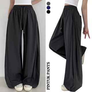 High-Waist Elastic Side Pintuck String Wide Pants Lower Body Cover Balloon Fit Cool Wide Pants Ice Pintuck Pants