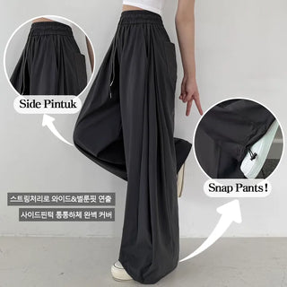 High-Waist Elastic Side Pintuck String Wide Pants Lower Body Cover Balloon Fit Cool Wide Pants Ice Pintuck Pants