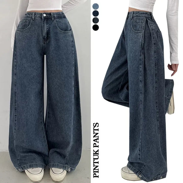 Side Pintuck  High-Waisted Side Pintuck Elastic Hem Snap Long Wide Denim Pants Spring Balloon Fit Button Petite Jeans