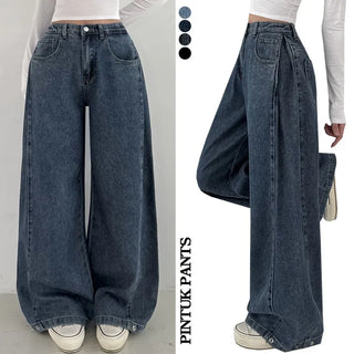 Side Pintuck  High-Waisted Side Pintuck Elastic Hem Snap Long Wide Denim Pants Spring Balloon Fit Button Petite Jeans