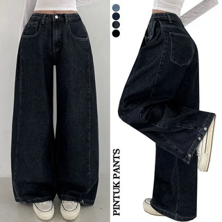 Side Pintuck  High-Waisted Side Pintuck Elastic Hem Snap Long Wide Denim Pants Spring Balloon Fit Button Petite Jeans