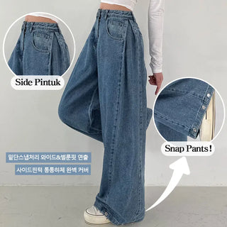 Side Pintuck  High-Waisted Side Pintuck Elastic Hem Snap Long Wide Denim Pants Spring Balloon Fit Button Petite Jeans